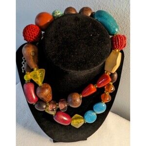 Chunky Glass Stone Wood Beaded Necklace